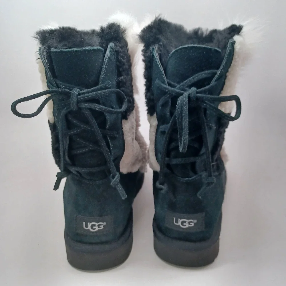 UGG Australia Women Black Suede Mixed Faux Fur Lace Up Back Boots US 8
